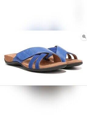Vionic Women's ' Zarie' Leather Cross-Strap Slide Sandals In Classic Blue. NWOT.